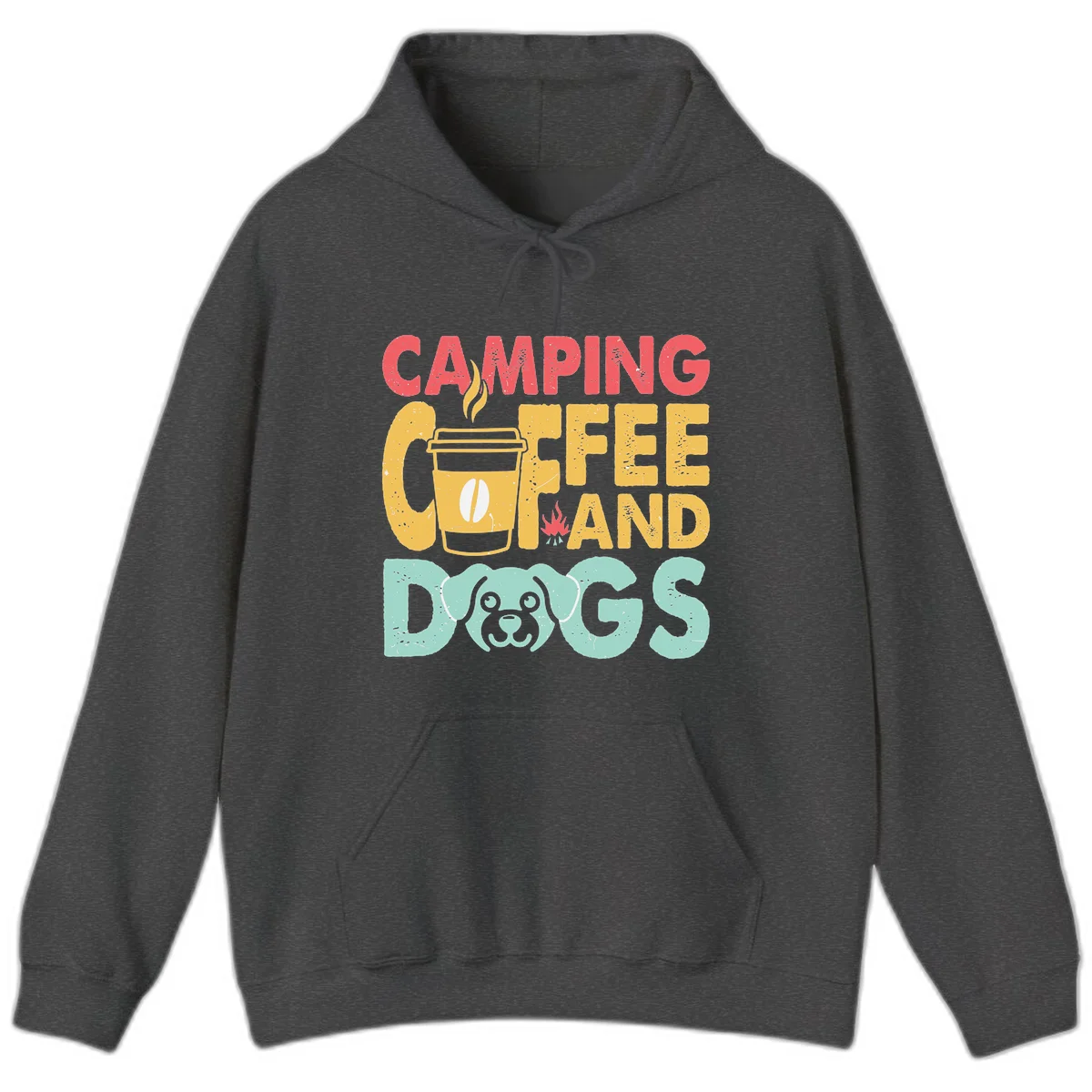 Distressed design with 'CAMPING COFFEE AND DOGS' text, yellow coffee cup with steam, red campfire, and mint green dog face illustration. in Dark Heather