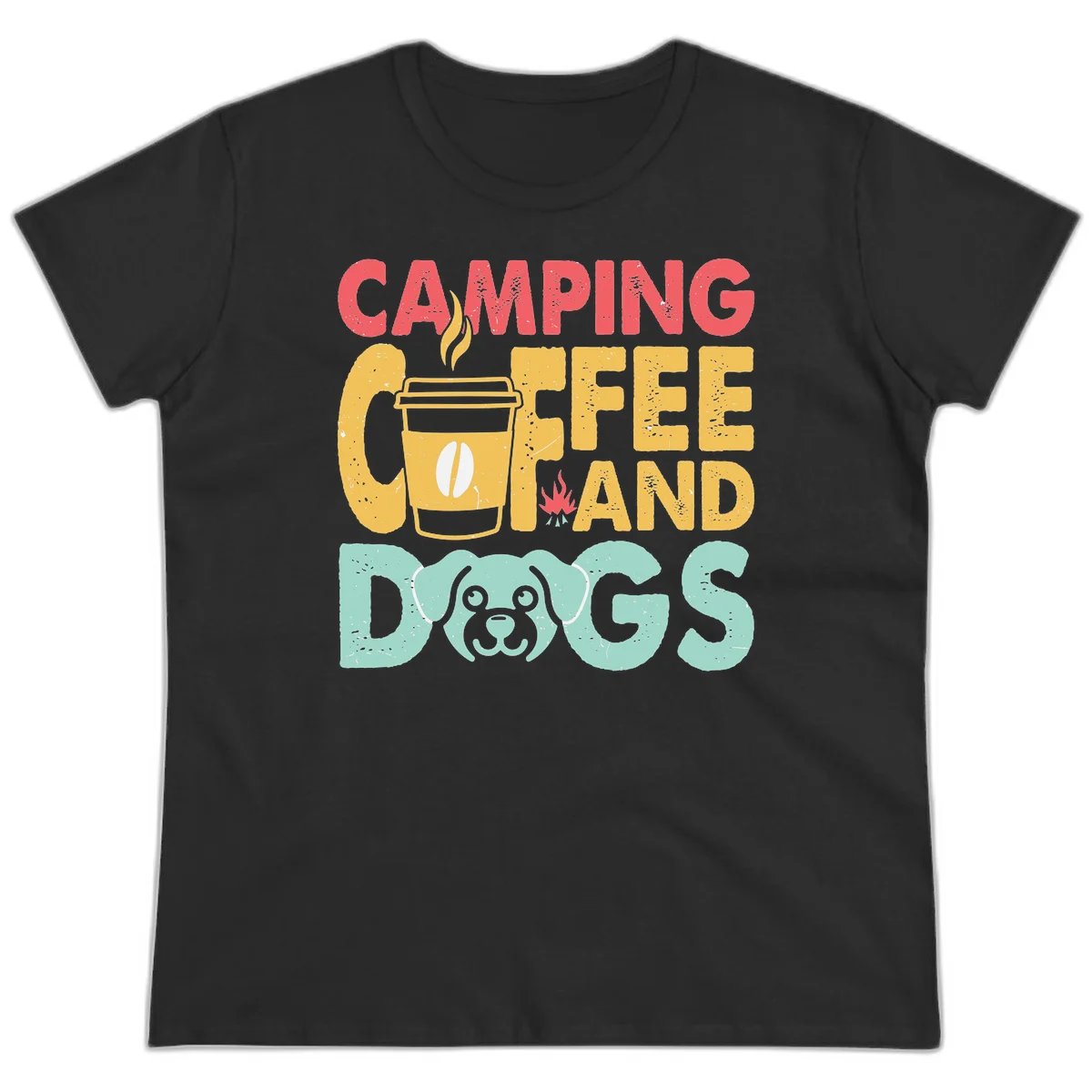 Distressed design with 'CAMPING COFFEE AND DOGS' text, yellow coffee cup with steam, red campfire, and mint green dog face illustration. in Black