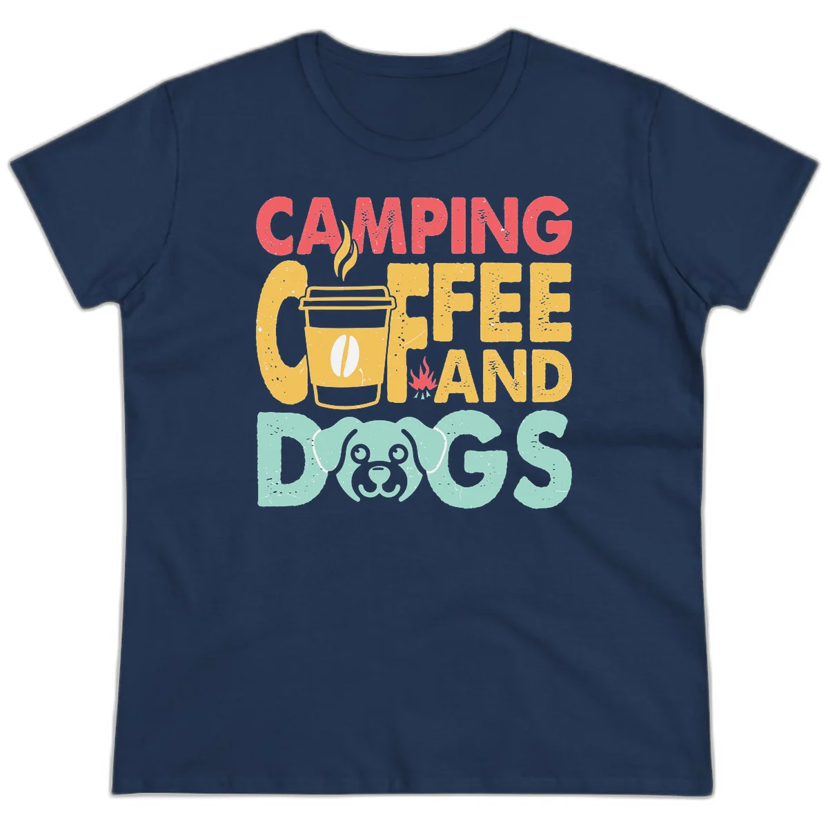 Distressed design with 'CAMPING COFFEE AND DOGS' text, yellow coffee cup with steam, red campfire, and mint green dog face illustration. in Navy