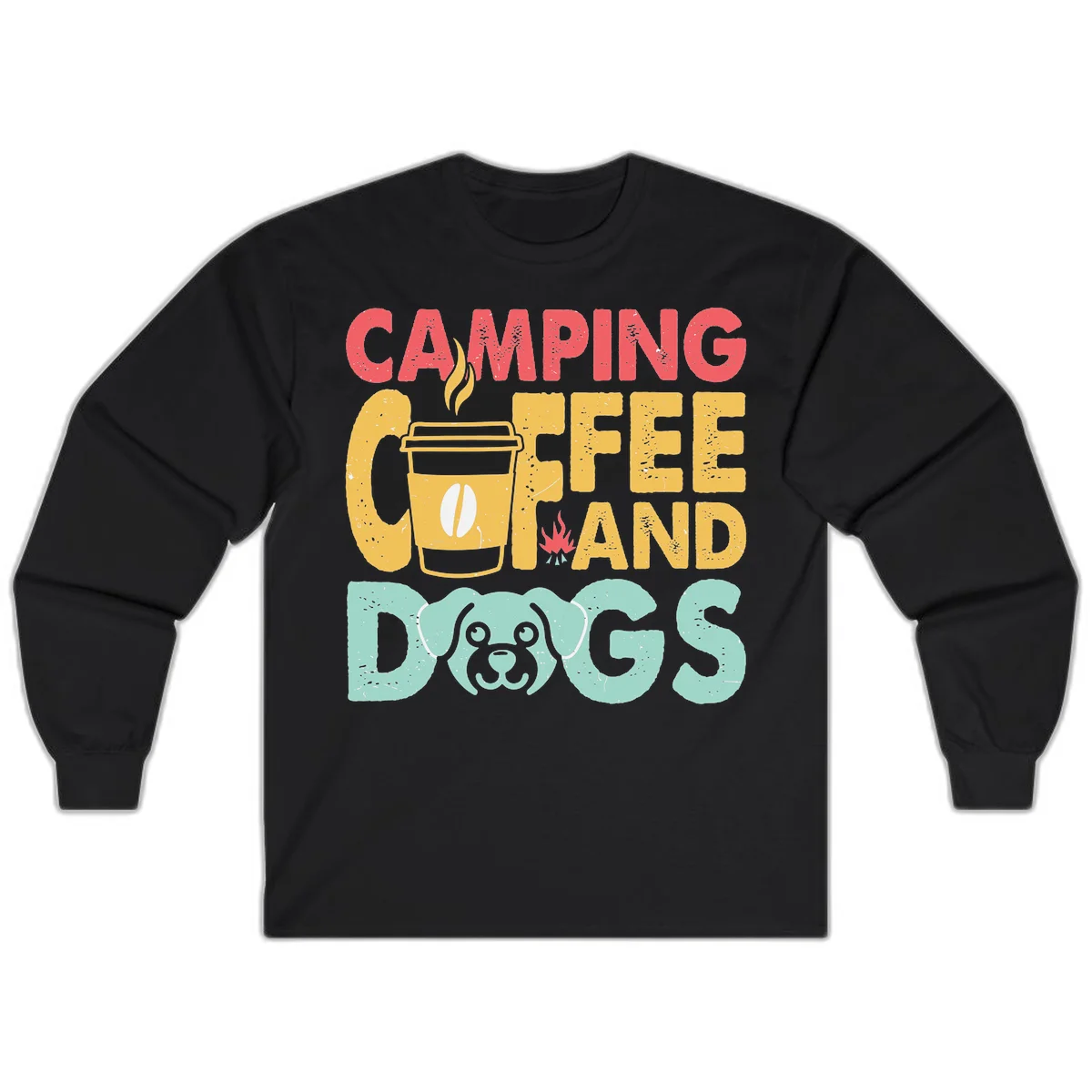 Distressed design with 'CAMPING COFFEE AND DOGS' text, yellow coffee cup with steam, red campfire, and mint green dog face illustration. in Black