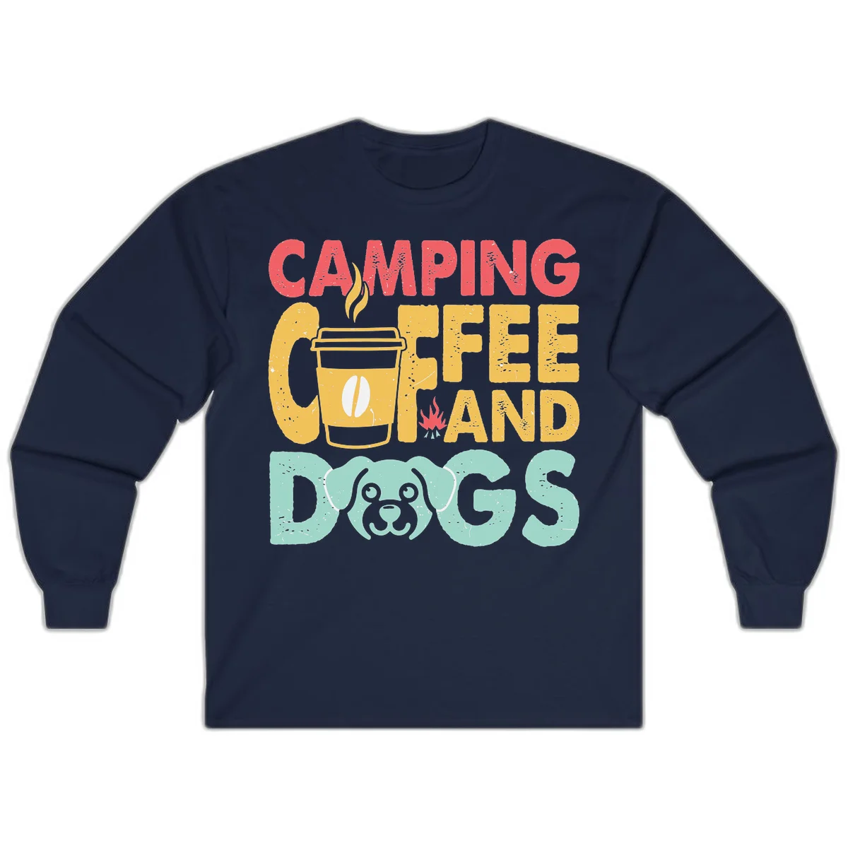 Distressed design with 'CAMPING COFFEE AND DOGS' text, yellow coffee cup with steam, red campfire, and mint green dog face illustration. in Navy