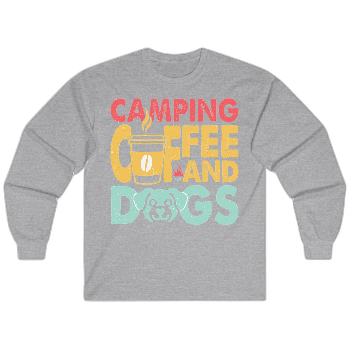 Distressed design with 'CAMPING COFFEE AND DOGS' text, yellow coffee cup with steam, red campfire, and mint green dog face illustration. in Sport Grey