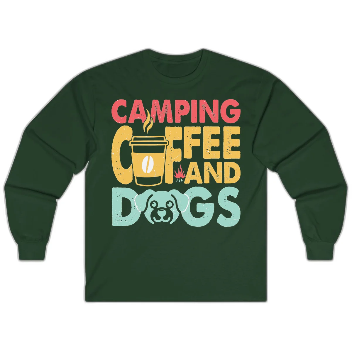 Distressed design with 'CAMPING COFFEE AND DOGS' text, yellow coffee cup with steam, red campfire, and mint green dog face illustration. in Forest Green