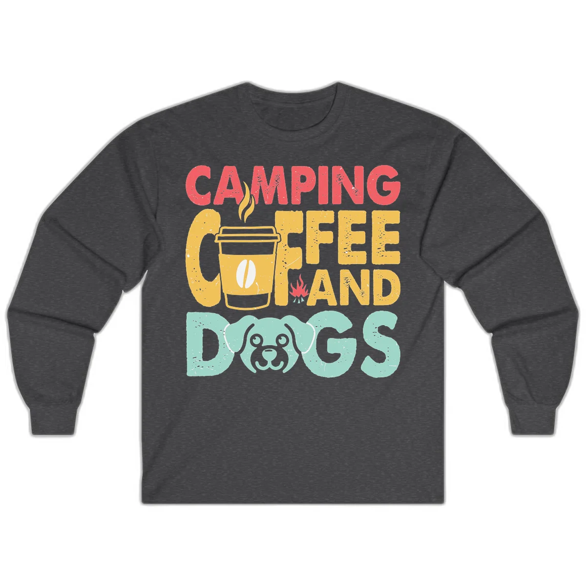 Distressed design with 'CAMPING COFFEE AND DOGS' text, yellow coffee cup with steam, red campfire, and mint green dog face illustration. in Dark Heather
