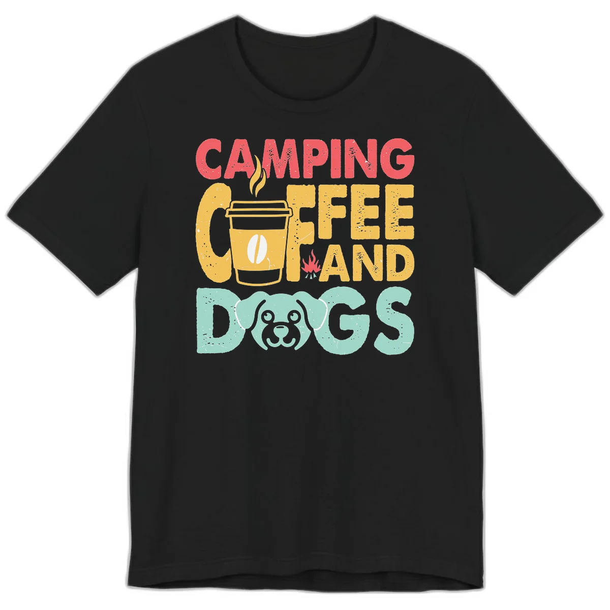 Distressed design with 'CAMPING COFFEE AND DOGS' text, yellow coffee cup with steam, red campfire, and mint green dog face illustration. in Black