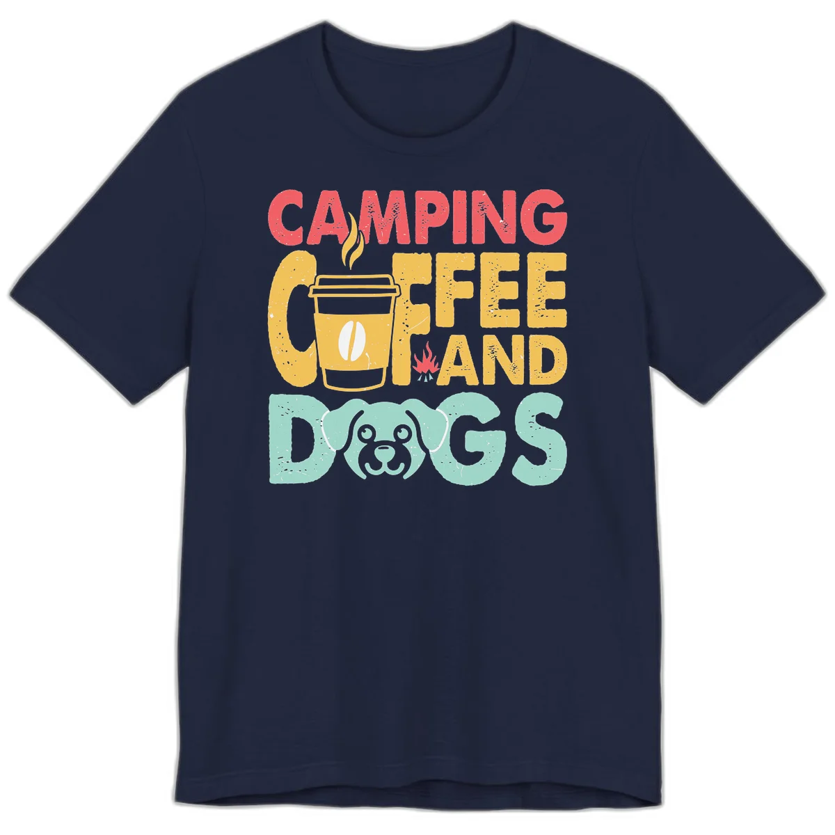 Distressed design with 'CAMPING COFFEE AND DOGS' text, yellow coffee cup with steam, red campfire, and mint green dog face illustration. in Navy