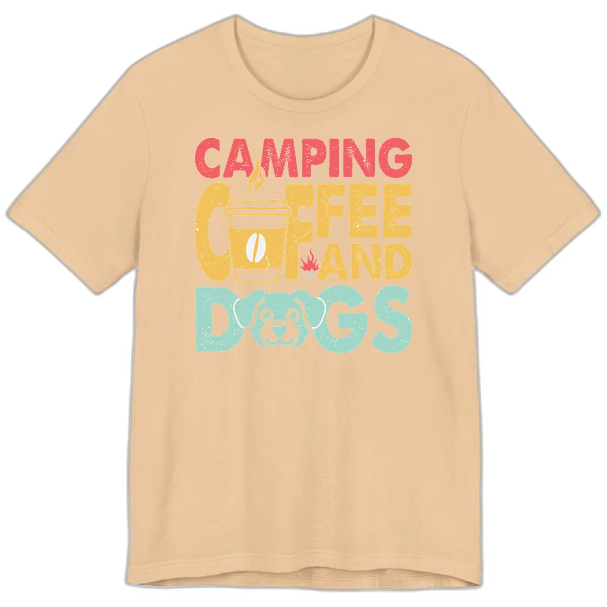 Distressed design with 'CAMPING COFFEE AND DOGS' text, yellow coffee cup with steam, red campfire, and mint green dog face illustration. in Sand Dune