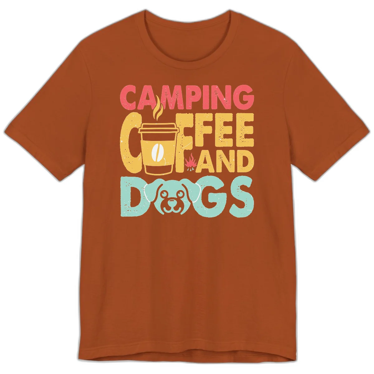 Distressed design with 'CAMPING COFFEE AND DOGS' text, yellow coffee cup with steam, red campfire, and mint green dog face illustration. in Autumn