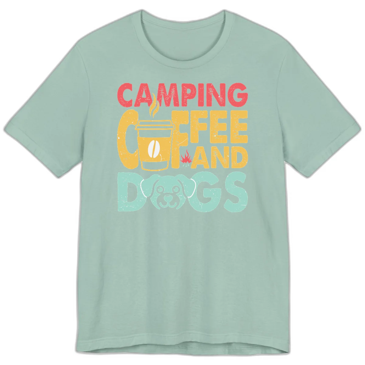 Distressed design with 'CAMPING COFFEE AND DOGS' text, yellow coffee cup with steam, red campfire, and mint green dog face illustration. in Dusty Blue