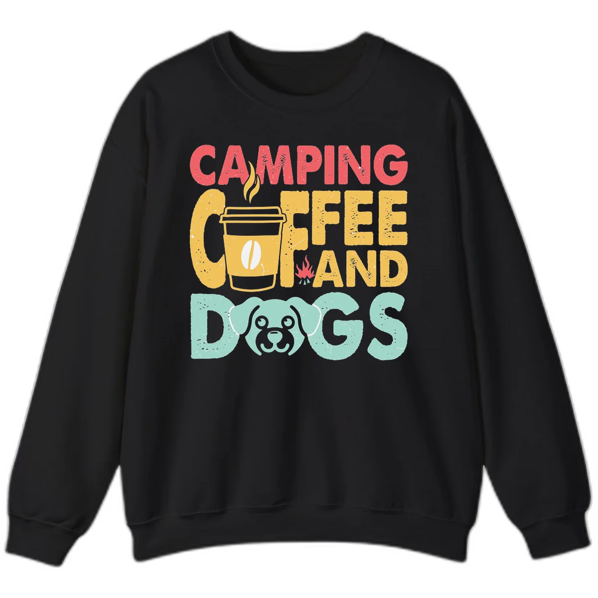 Distressed design with 'CAMPING COFFEE AND DOGS' text, yellow coffee cup with steam, red campfire, and mint green dog face illustration. in Black