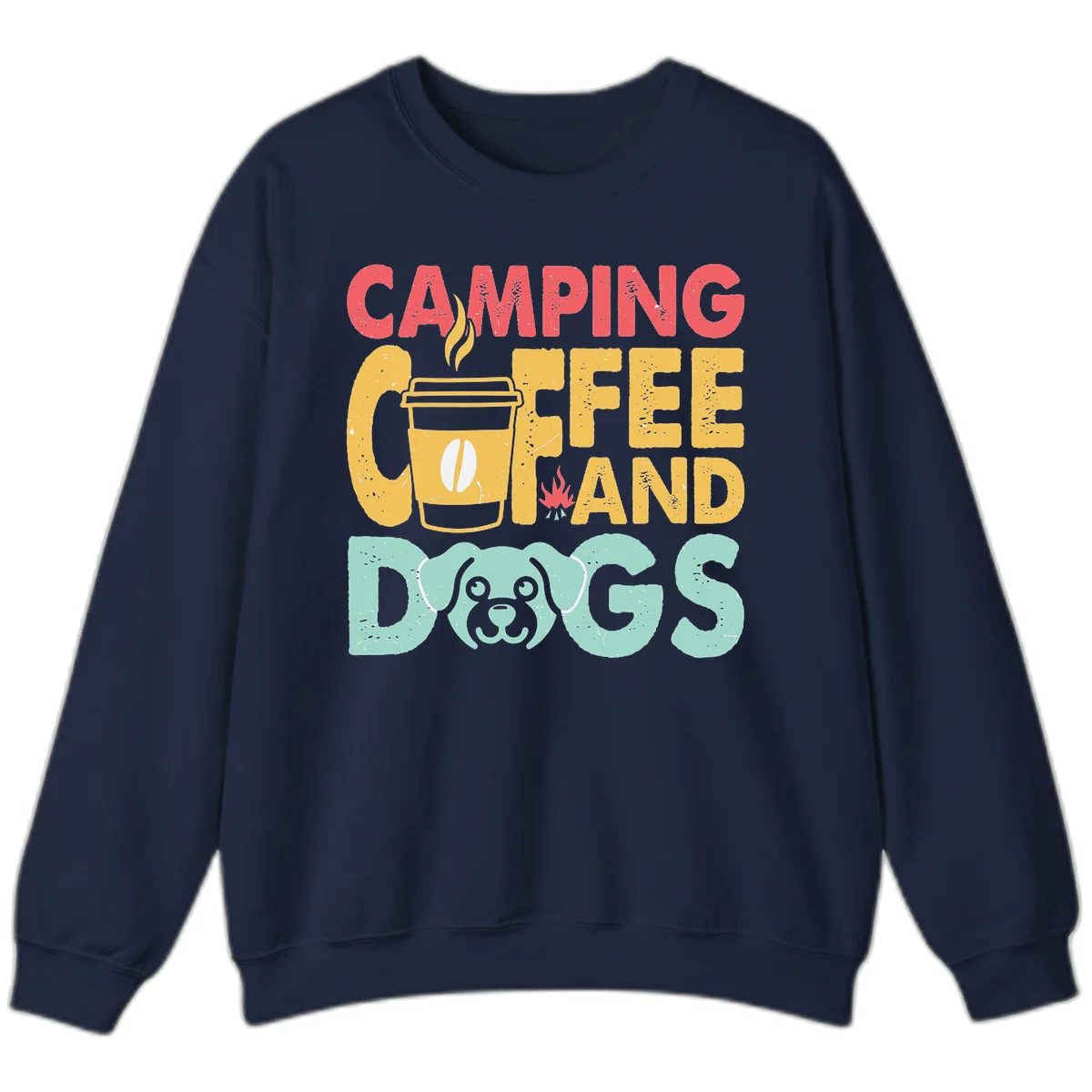 Distressed design with 'CAMPING COFFEE AND DOGS' text, yellow coffee cup with steam, red campfire, and mint green dog face illustration. in Navy