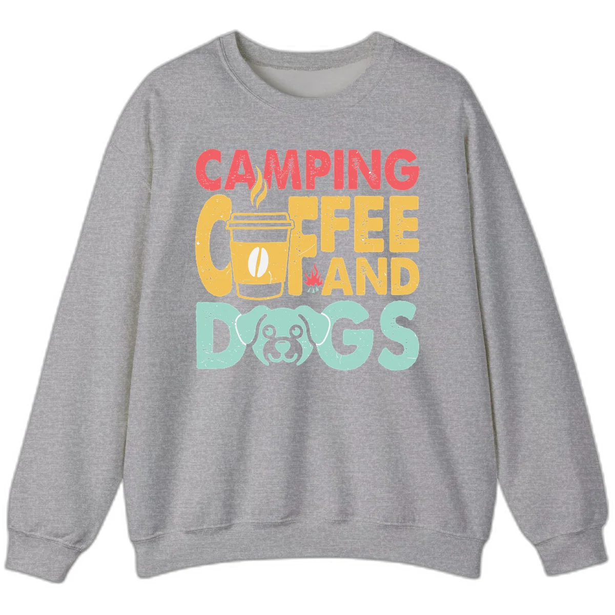 Distressed design with 'CAMPING COFFEE AND DOGS' text, yellow coffee cup with steam, red campfire, and mint green dog face illustration. in Sport Grey