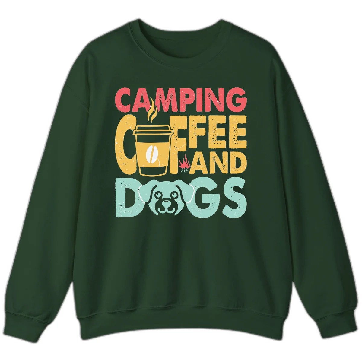 Distressed design with 'CAMPING COFFEE AND DOGS' text, yellow coffee cup with steam, red campfire, and mint green dog face illustration. in Forest Green