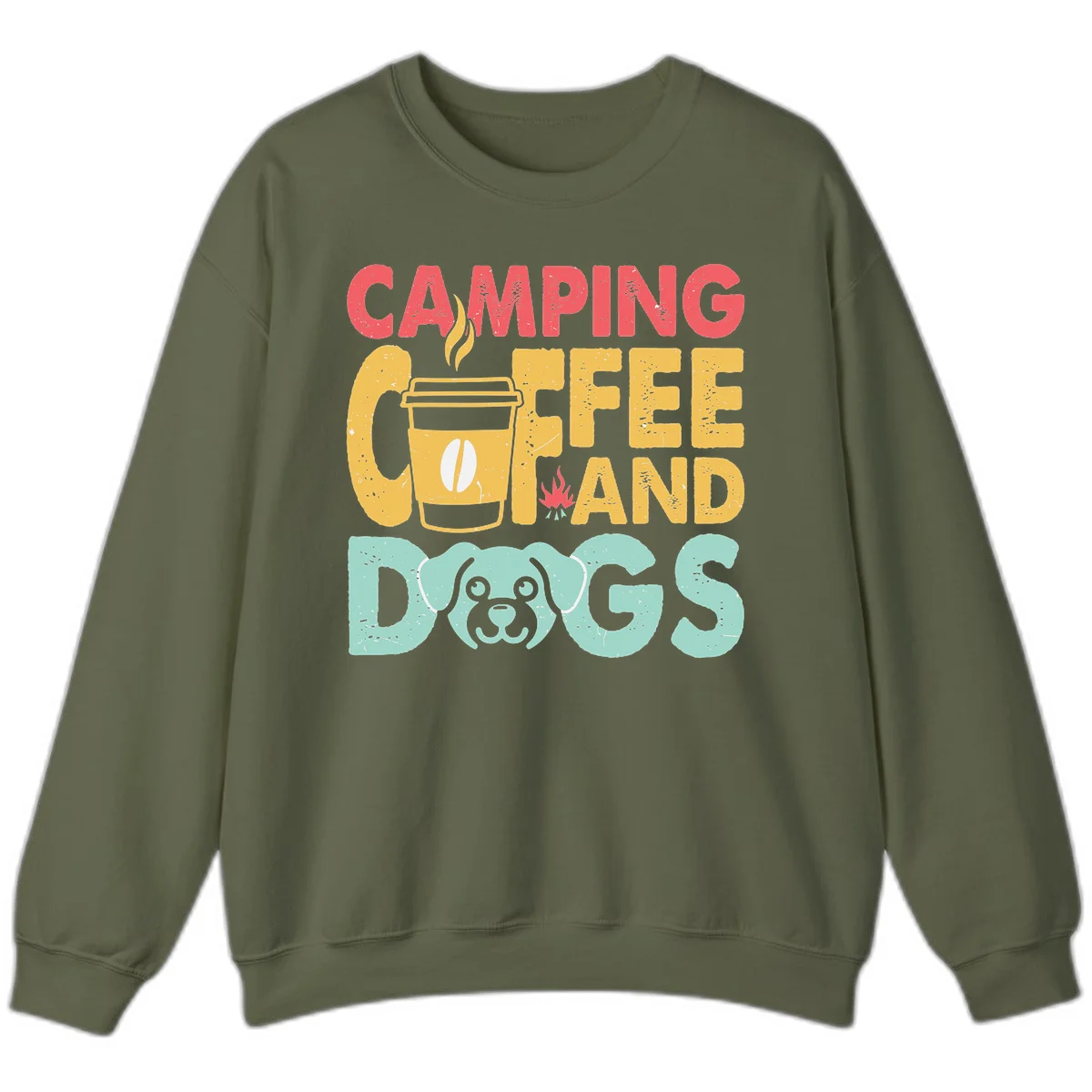 Distressed design with 'CAMPING COFFEE AND DOGS' text, yellow coffee cup with steam, red campfire, and mint green dog face illustration. in Military Green