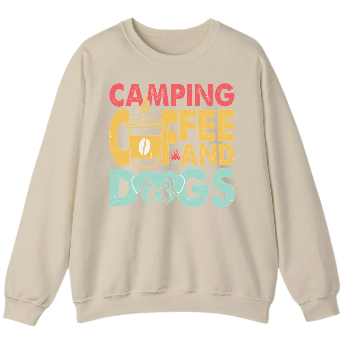 Distressed design with 'CAMPING COFFEE AND DOGS' text, yellow coffee cup with steam, red campfire, and mint green dog face illustration. in Sand