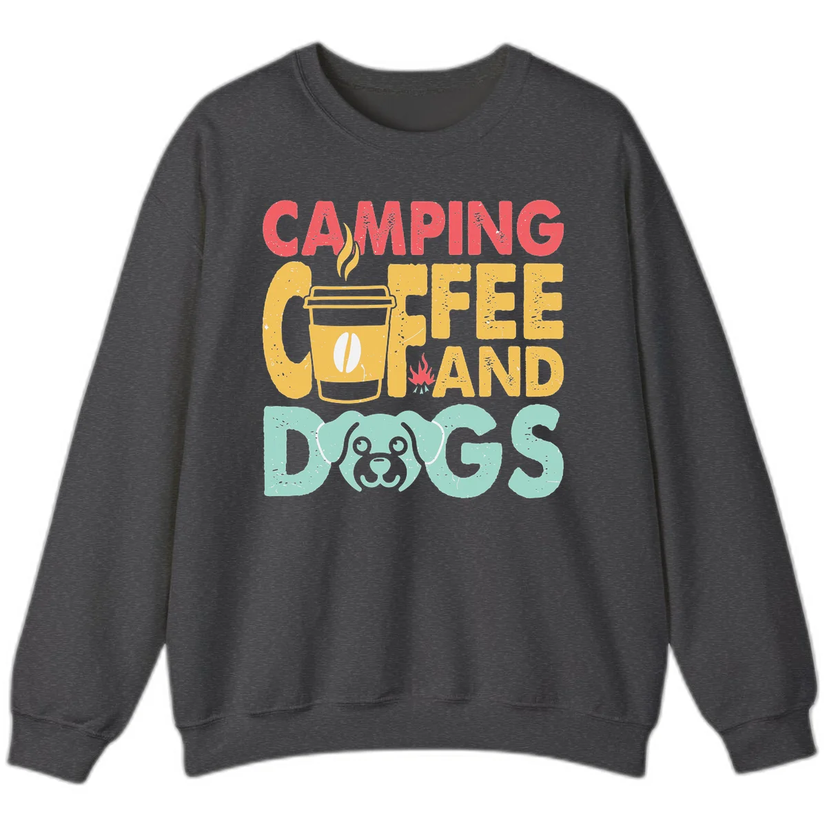 Distressed design with 'CAMPING COFFEE AND DOGS' text, yellow coffee cup with steam, red campfire, and mint green dog face illustration. in Dark Heather