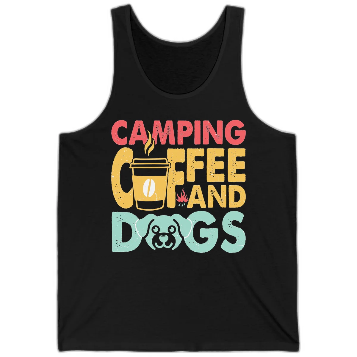 Distressed design with 'CAMPING COFFEE AND DOGS' text, yellow coffee cup with steam, red campfire, and mint green dog face illustration. in Black