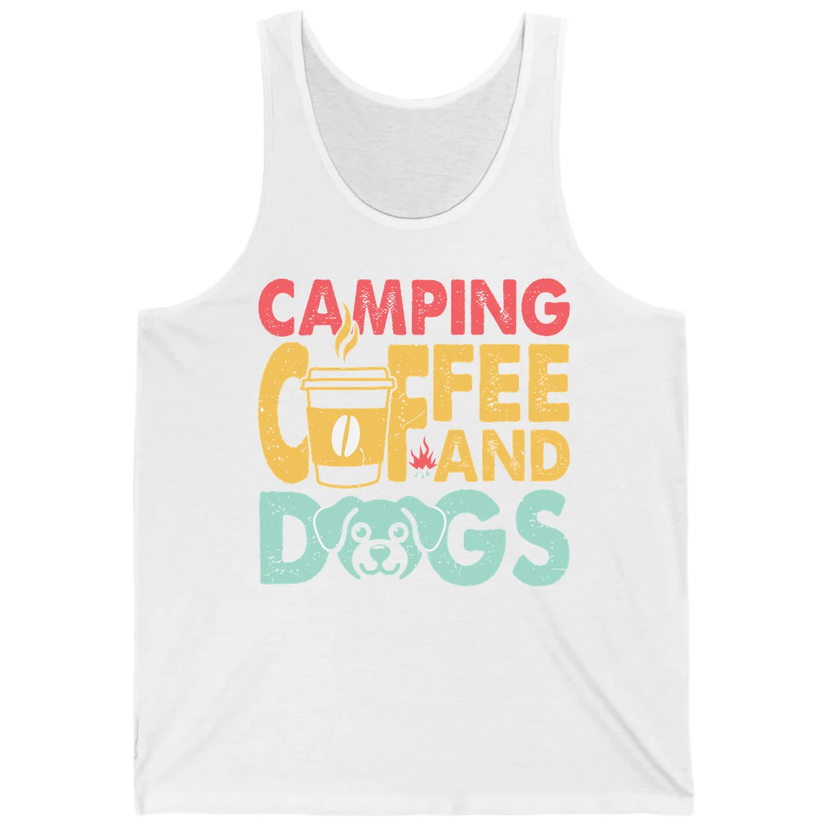Distressed design with 'CAMPING COFFEE AND DOGS' text, yellow coffee cup with steam, red campfire, and mint green dog face illustration. in White