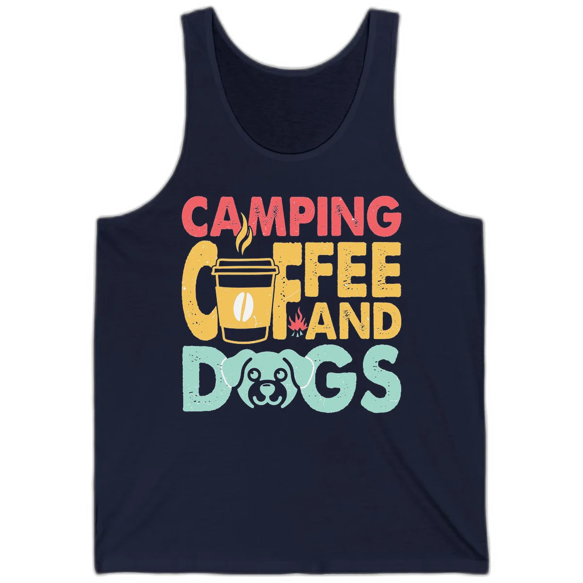 Distressed design with 'CAMPING COFFEE AND DOGS' text, yellow coffee cup with steam, red campfire, and mint green dog face illustration. in Navy