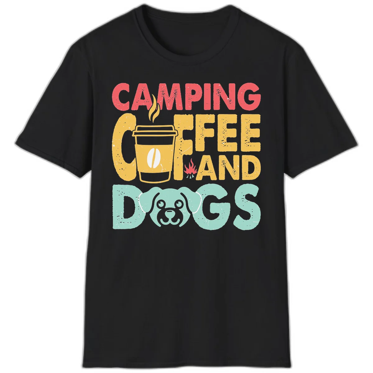 Distressed design with 'CAMPING COFFEE AND DOGS' text, yellow coffee cup with steam, red campfire, and mint green dog face illustration. in Black