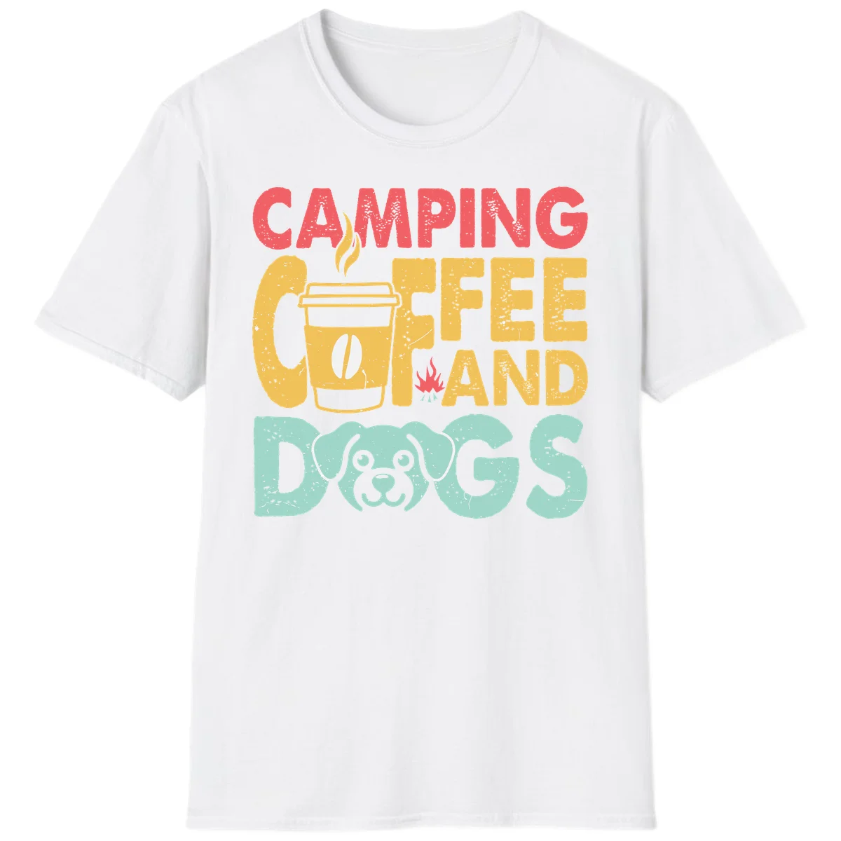 Distressed design with 'CAMPING COFFEE AND DOGS' text, yellow coffee cup with steam, red campfire, and mint green dog face illustration. in White