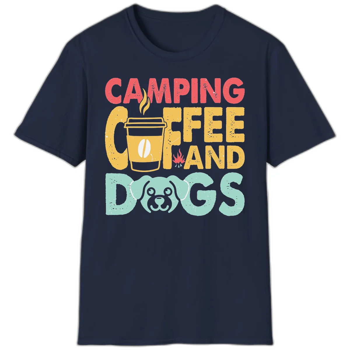 Distressed design with 'CAMPING COFFEE AND DOGS' text, yellow coffee cup with steam, red campfire, and mint green dog face illustration. in Navy