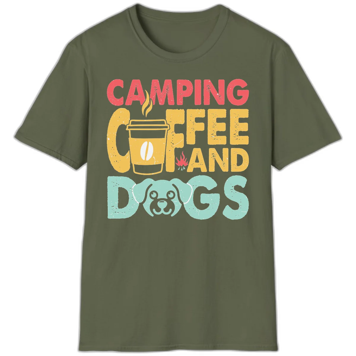 Distressed design with 'CAMPING COFFEE AND DOGS' text, yellow coffee cup with steam, red campfire, and mint green dog face illustration. in Military Green