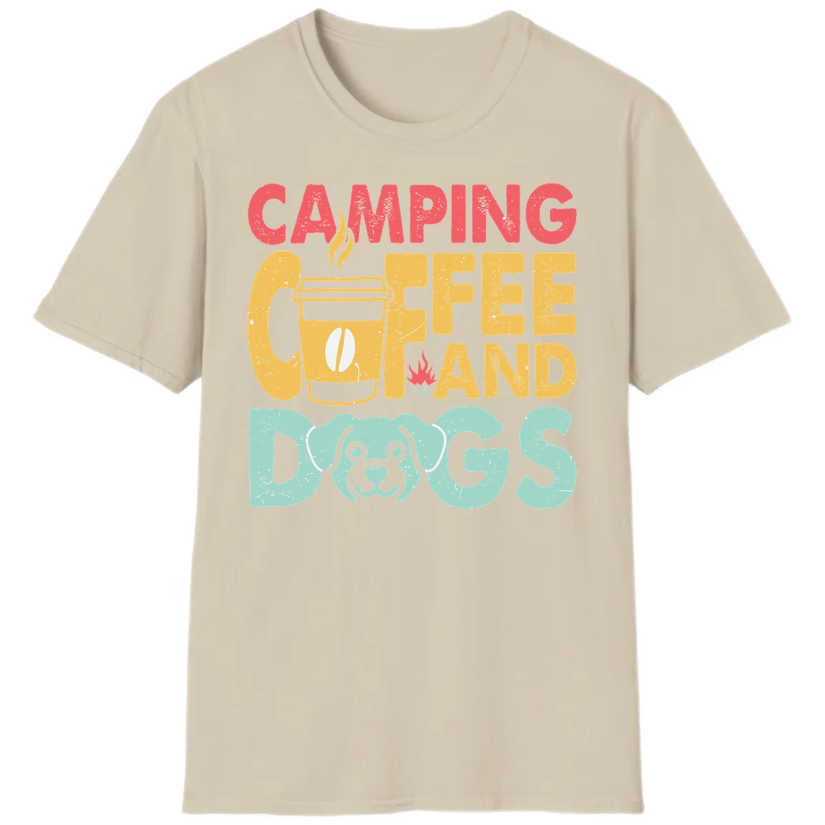 Distressed design with 'CAMPING COFFEE AND DOGS' text, yellow coffee cup with steam, red campfire, and mint green dog face illustration. in Sand