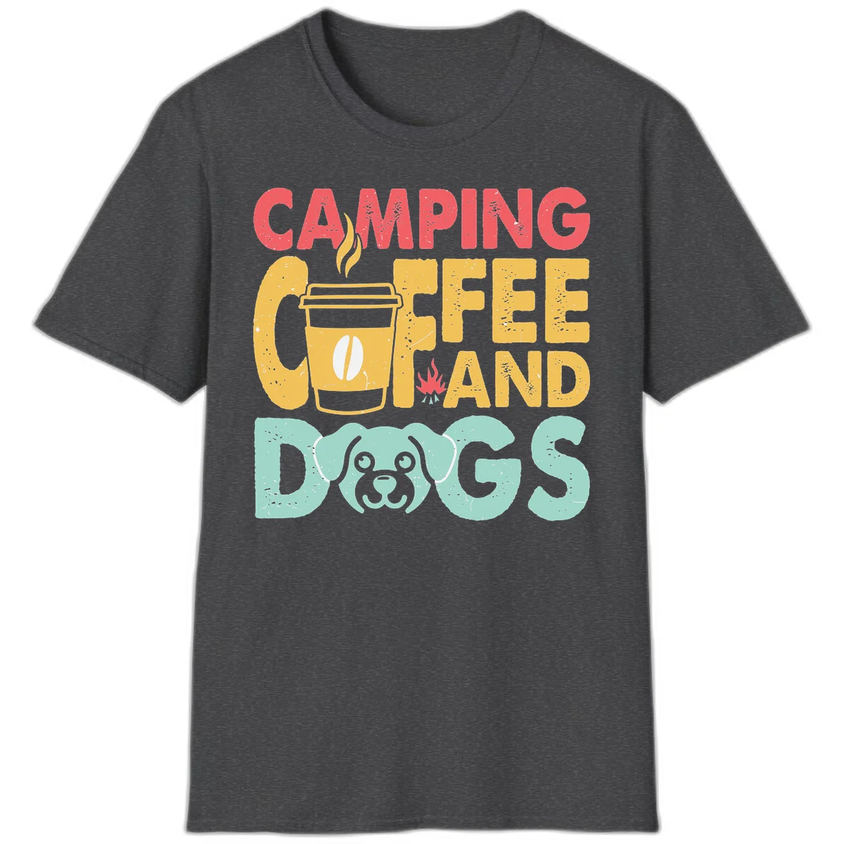 Distressed design with 'CAMPING COFFEE AND DOGS' text, yellow coffee cup with steam, red campfire, and mint green dog face illustration. in Dark Heather