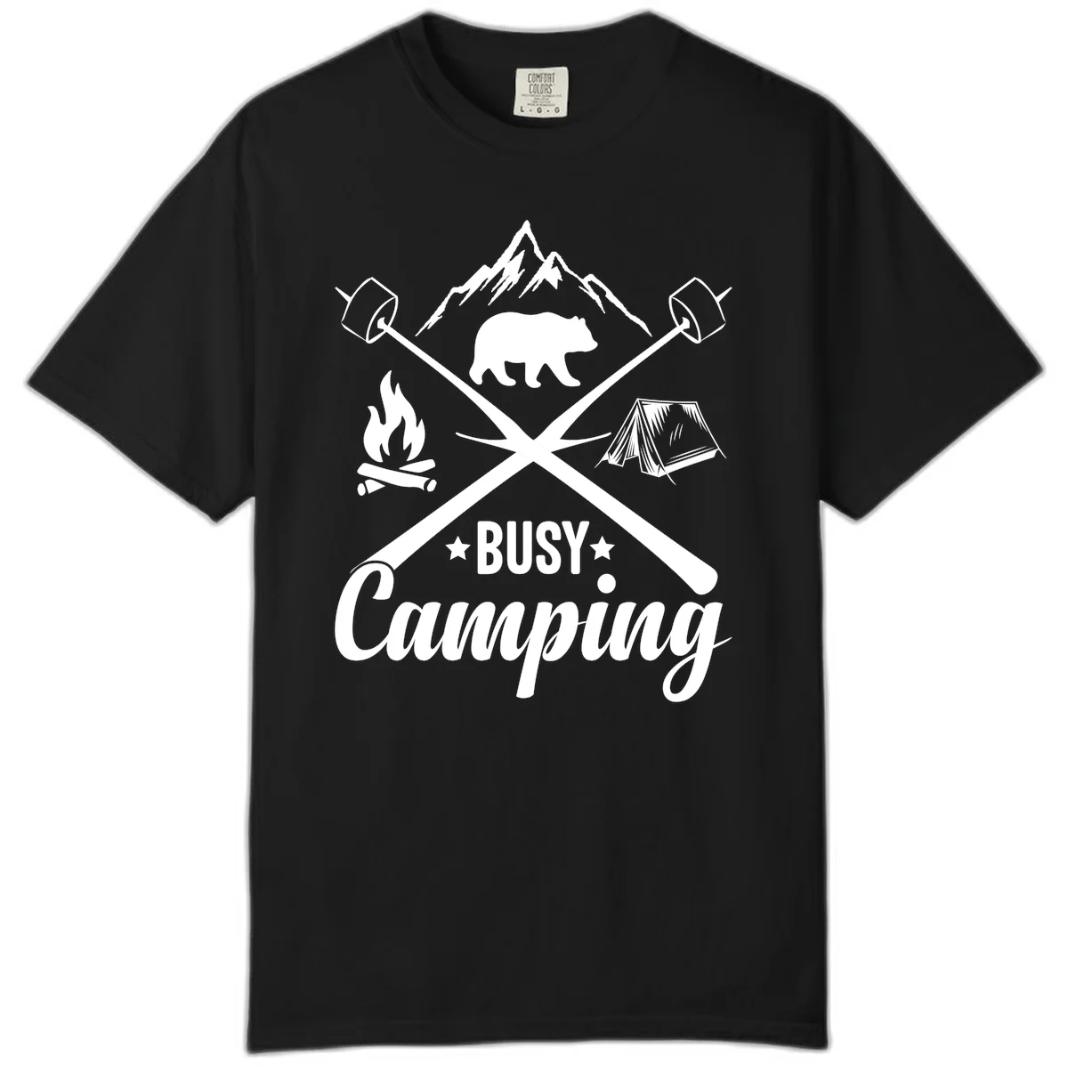 Busy camping badge design with bear, mountains, crossed axes, campfire, and tent on gray background in Black