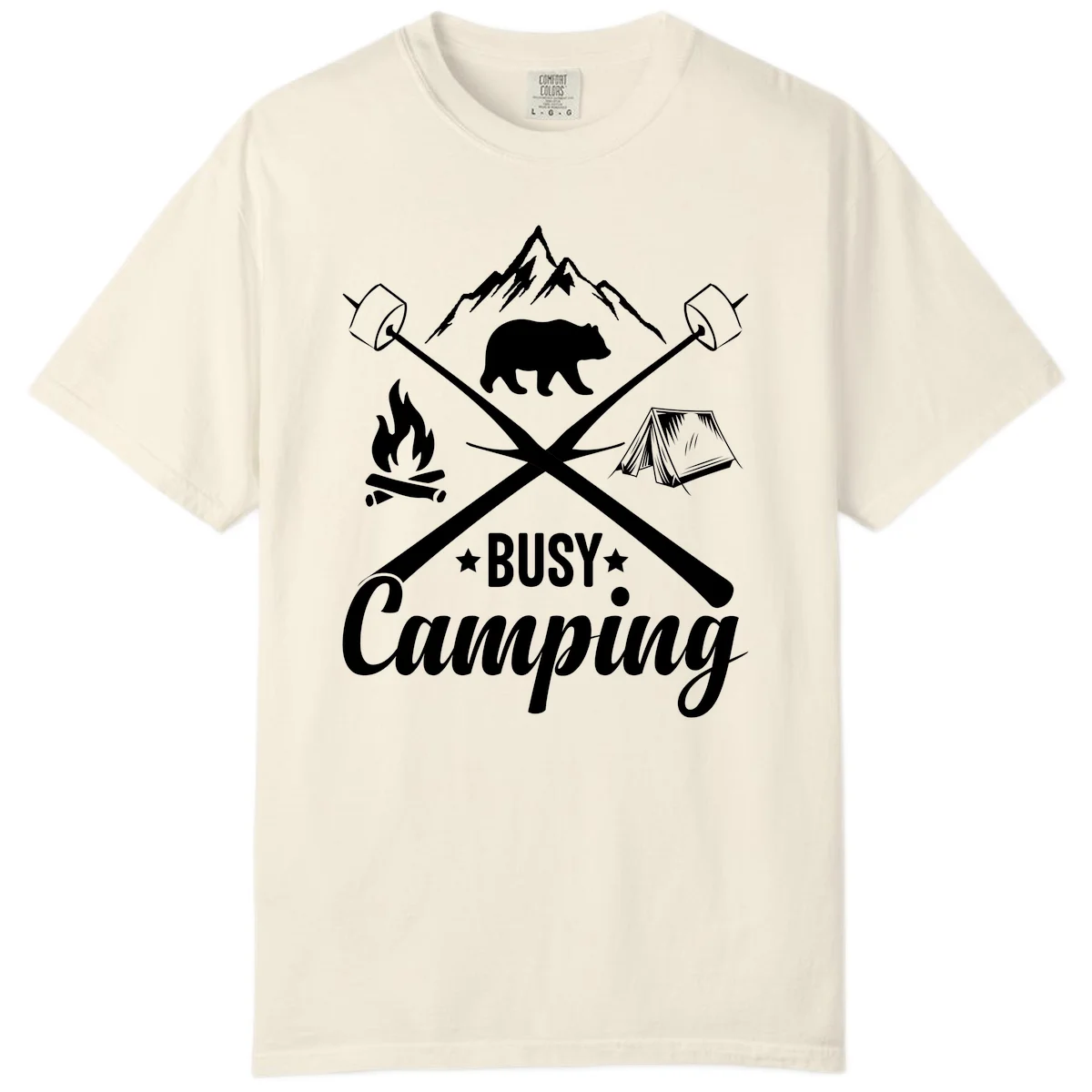 Busy camping badge design with bear, mountains, crossed axes, campfire, and tent on gray background in Ivory