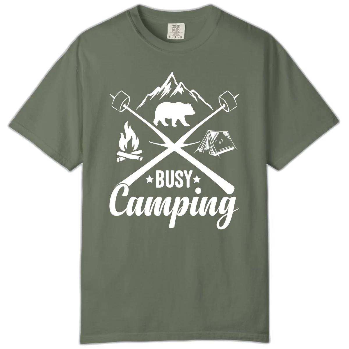 Busy camping badge design with bear, mountains, crossed axes, campfire, and tent on gray background in Moss