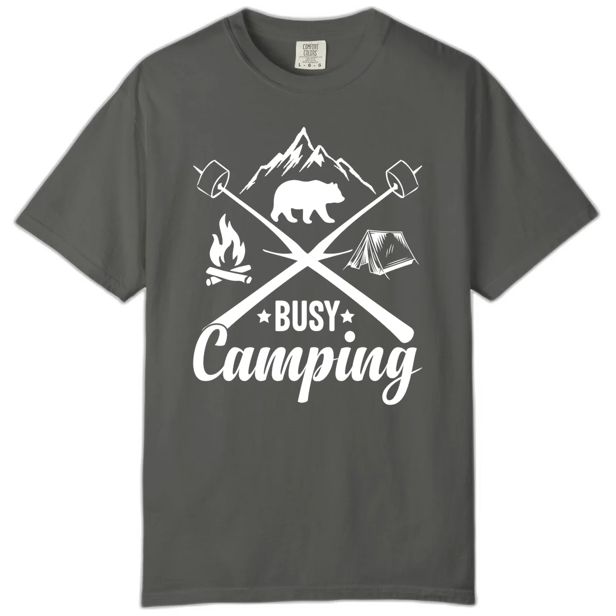 Busy camping badge design with bear, mountains, crossed axes, campfire, and tent on gray background in Pepper