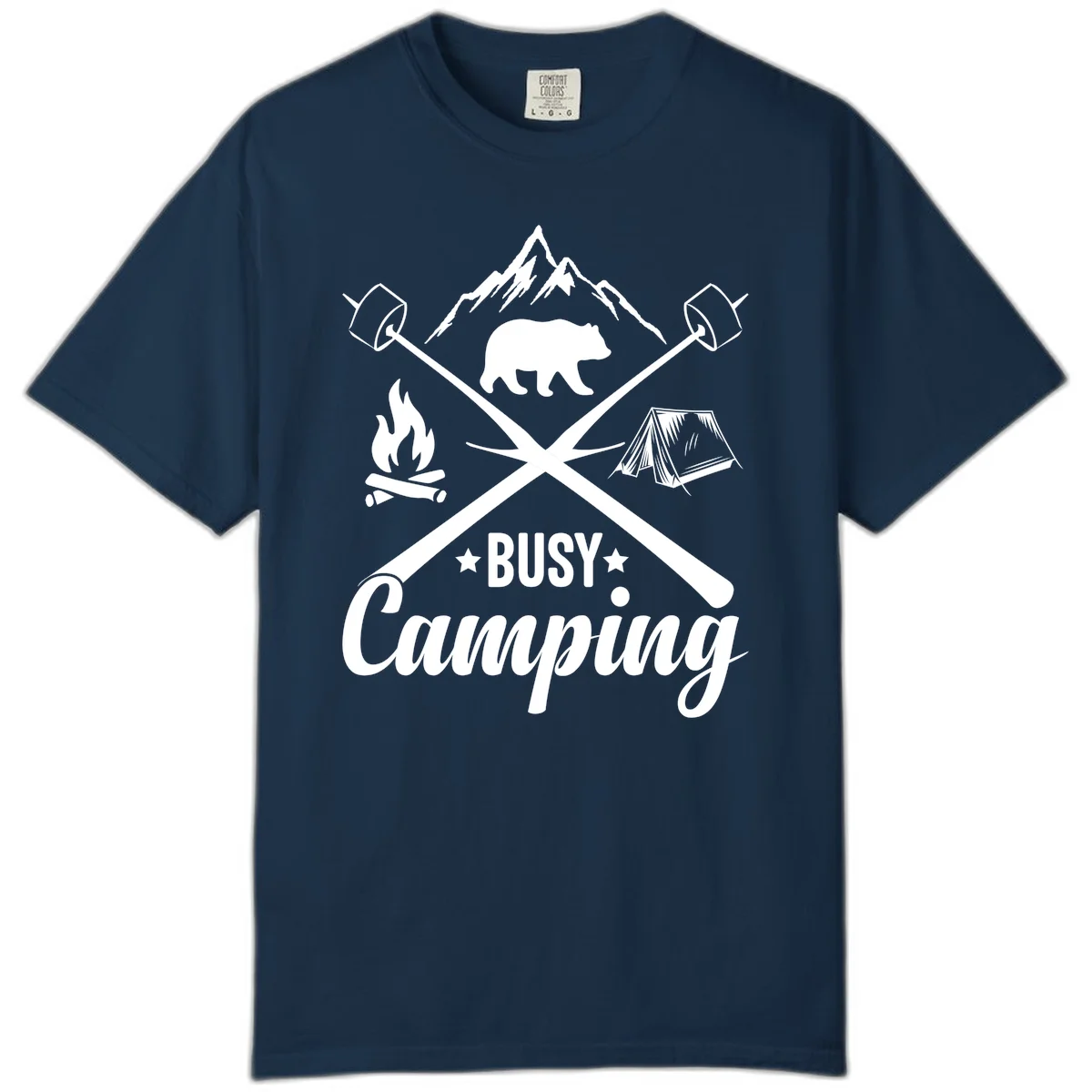 Busy camping badge design with bear, mountains, crossed axes, campfire, and tent on gray background in True Navy