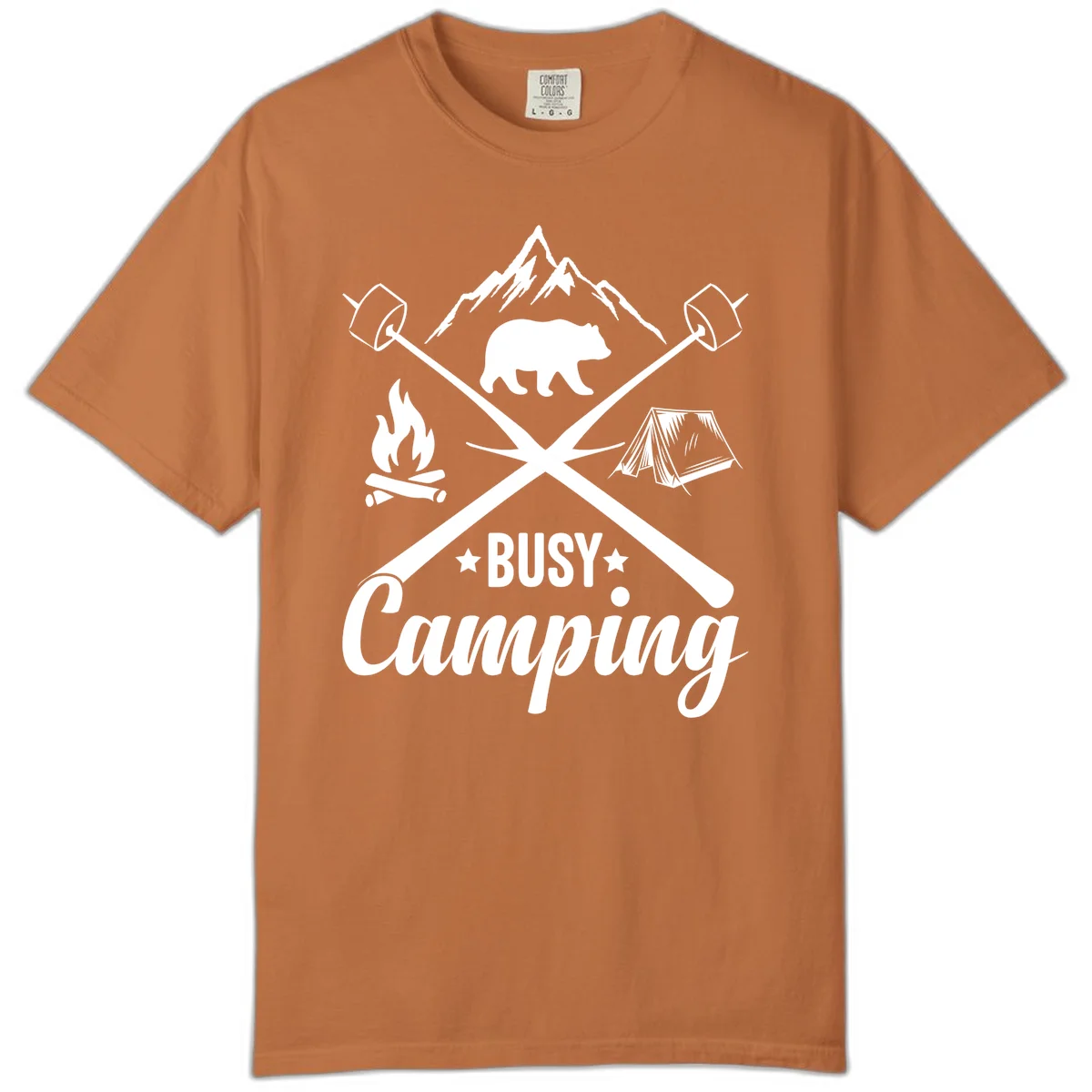 Busy camping badge design with bear, mountains, crossed axes, campfire, and tent on gray background in Yam
