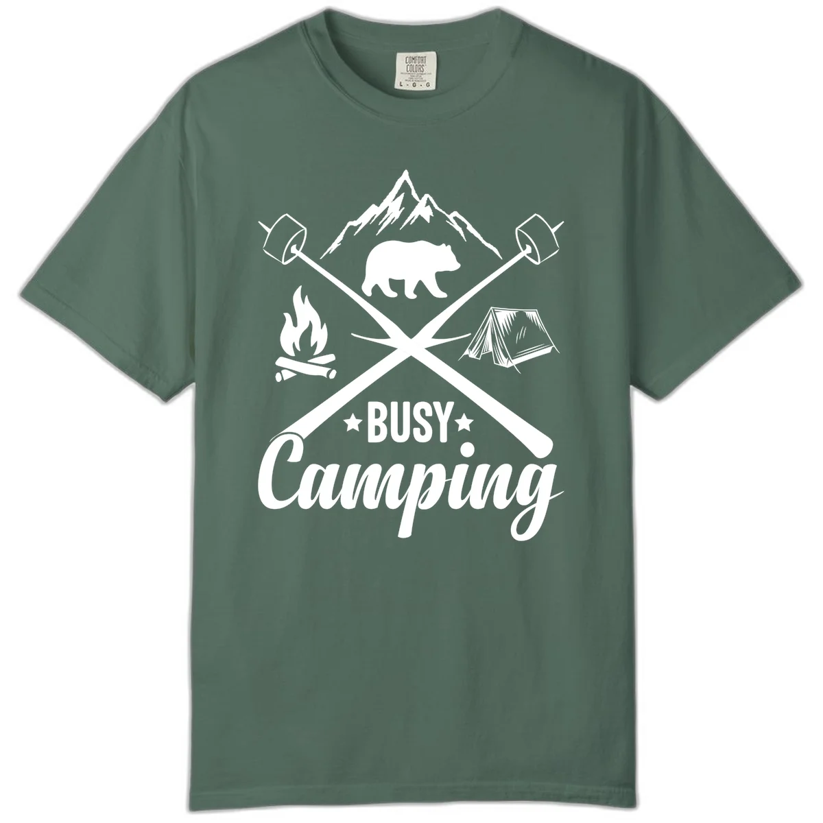 Busy camping badge design with bear, mountains, crossed axes, campfire, and tent on gray background in Blue Spruce