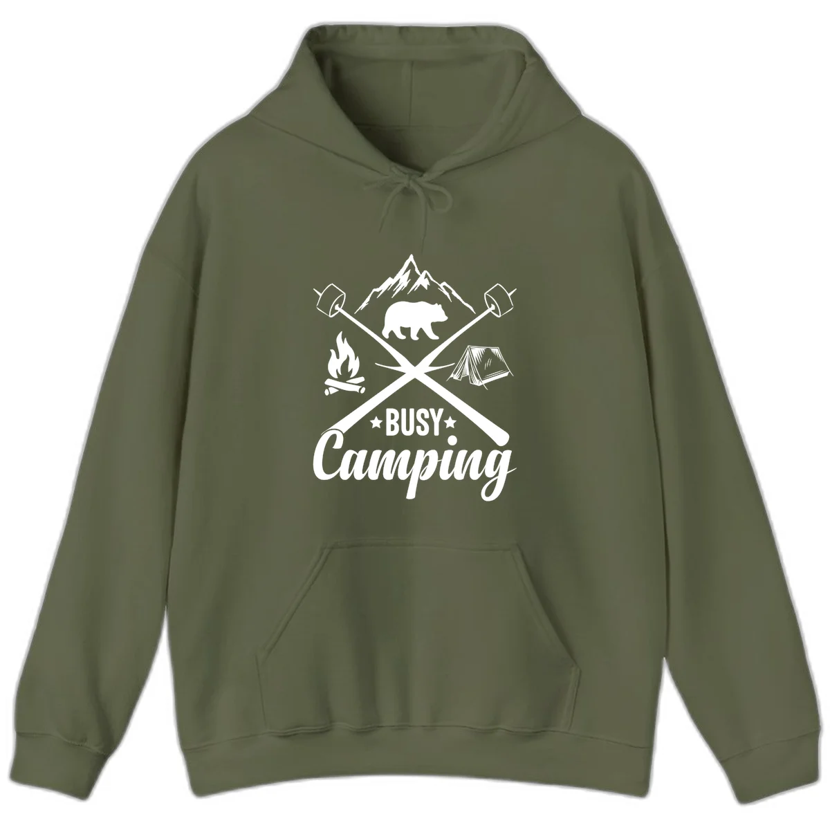 Busy camping badge design with bear, mountains, crossed axes, campfire, and tent on gray background in Military Green