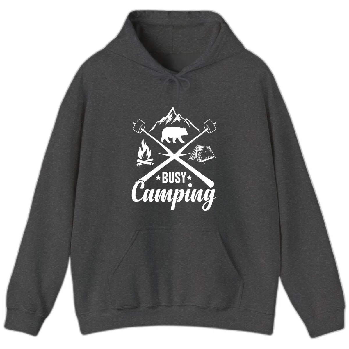 Busy camping badge design with bear, mountains, crossed axes, campfire, and tent on gray background in Dark Heather