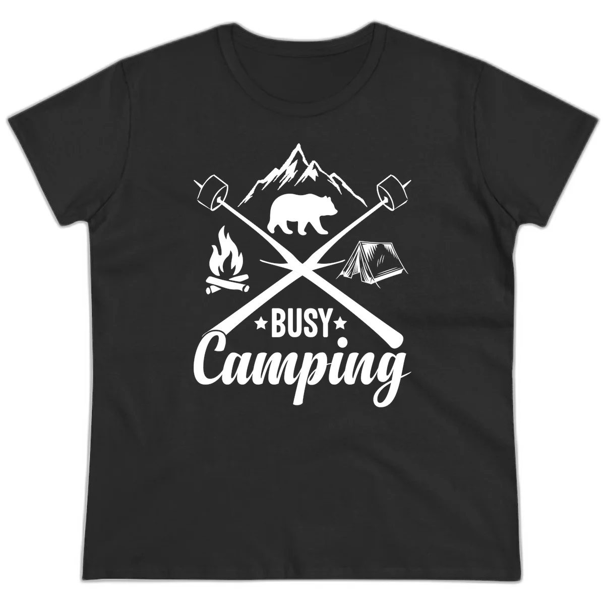 Busy camping badge design with bear, mountains, crossed axes, campfire, and tent on gray background in Black