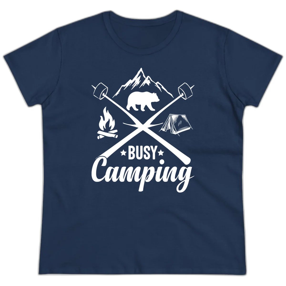 Busy camping badge design with bear, mountains, crossed axes, campfire, and tent on gray background in Navy
