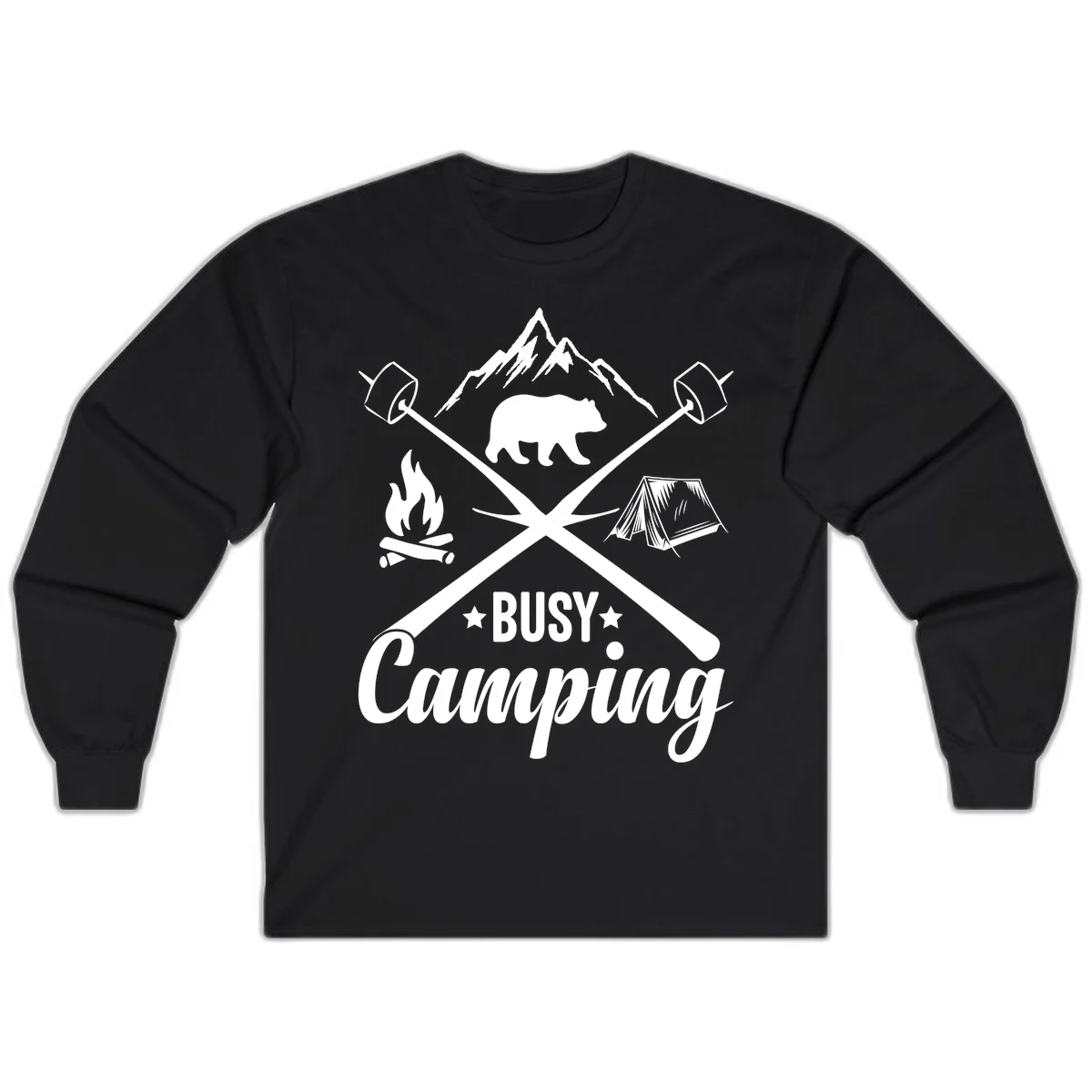 Busy camping badge design with bear, mountains, crossed axes, campfire, and tent on gray background in Black