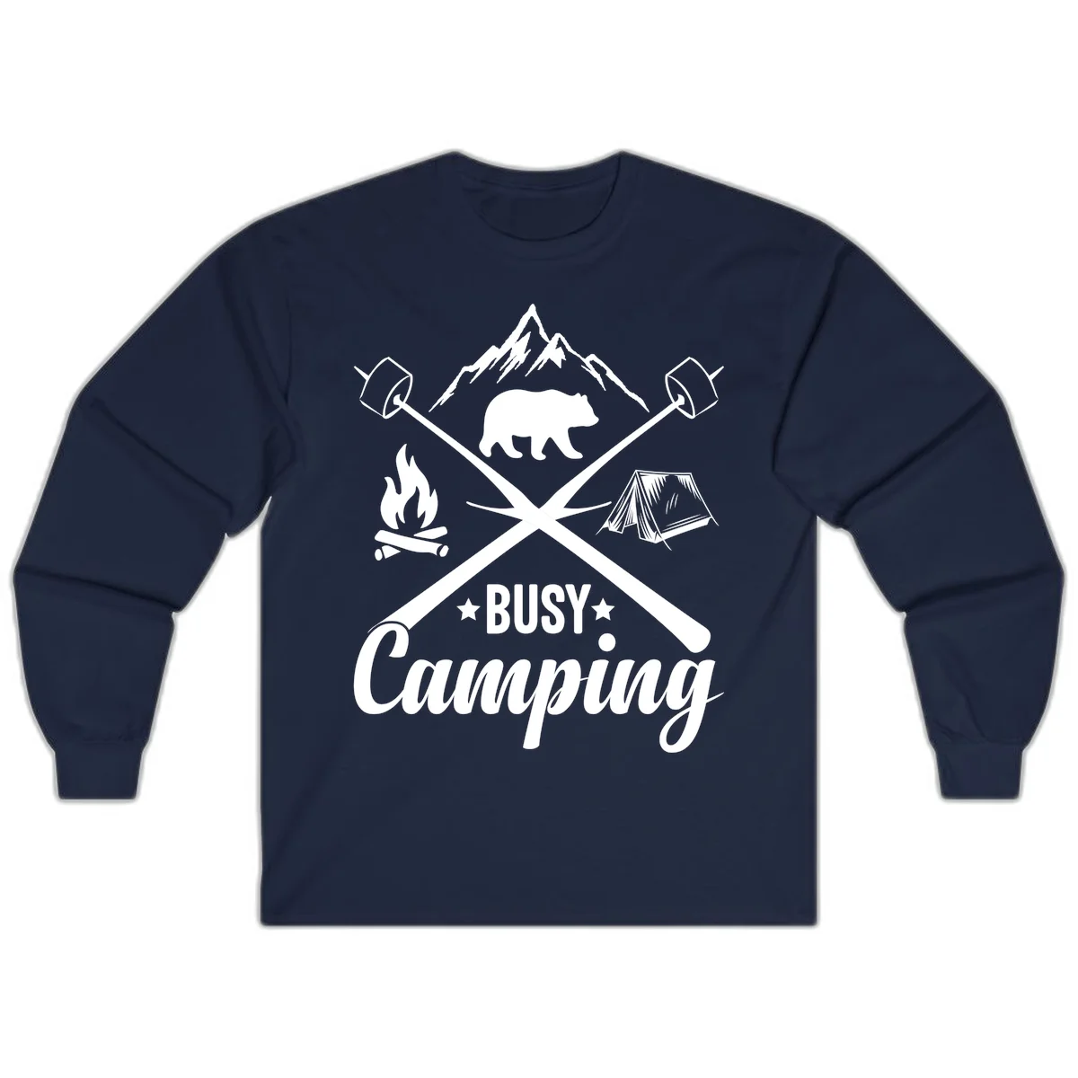 Busy camping badge design with bear, mountains, crossed axes, campfire, and tent on gray background in Navy