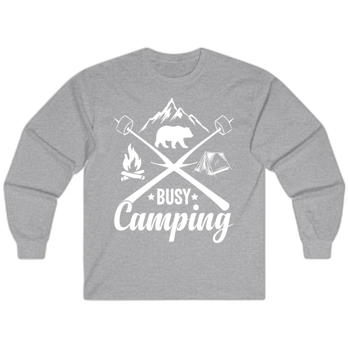 Busy camping badge design with bear, mountains, crossed axes, campfire, and tent on gray background in Sport Grey