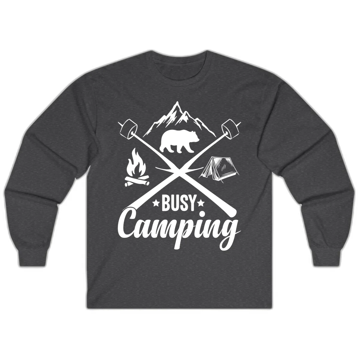 Busy camping badge design with bear, mountains, crossed axes, campfire, and tent on gray background in Dark Heather