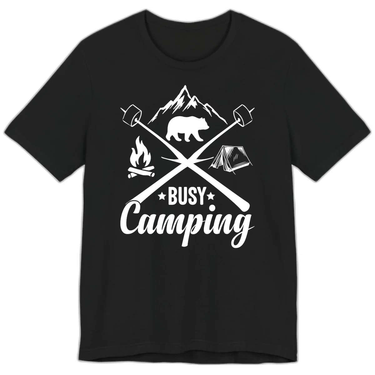 Busy camping badge design with bear, mountains, crossed axes, campfire, and tent on gray background in Black