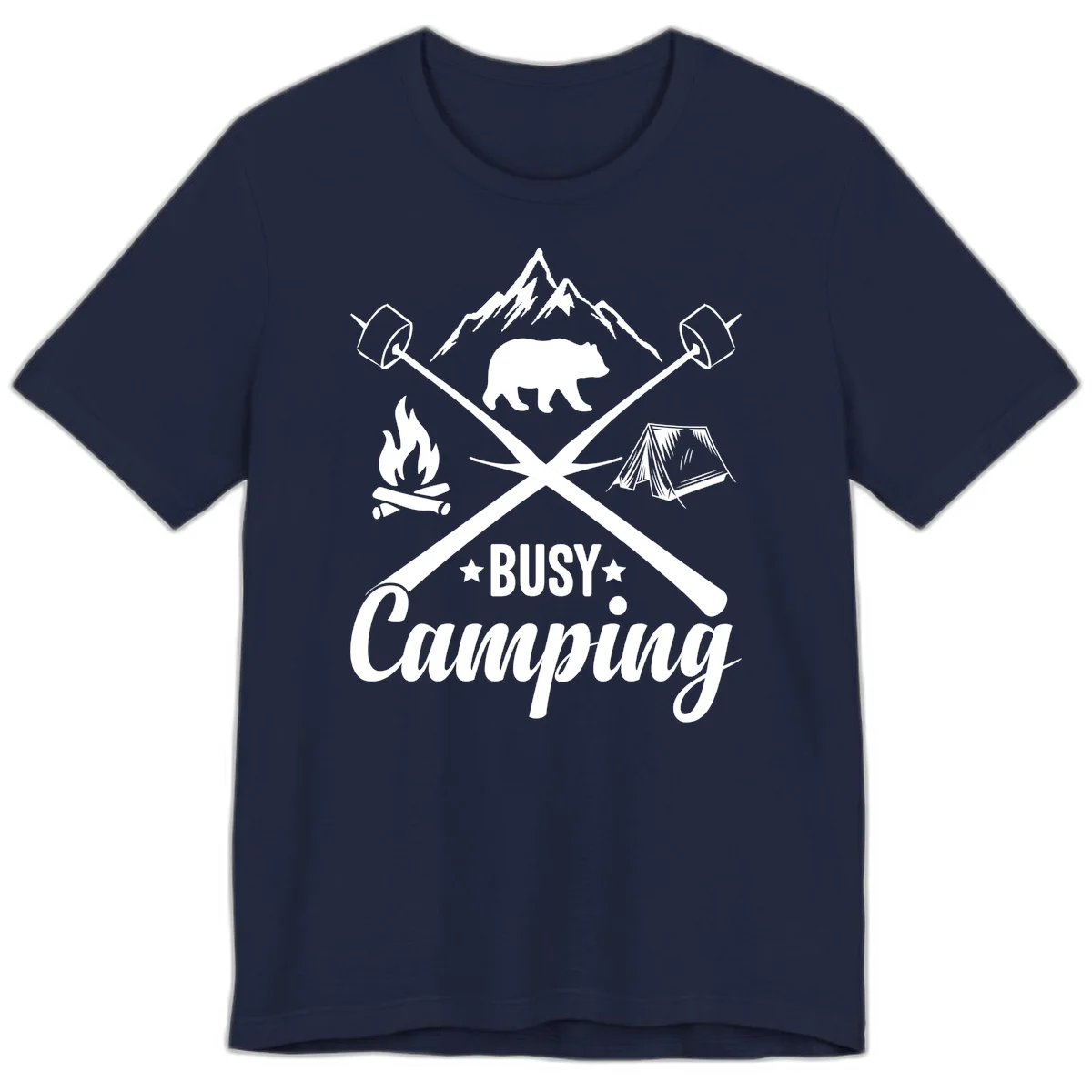 Busy camping badge design with bear, mountains, crossed axes, campfire, and tent on gray background in Navy