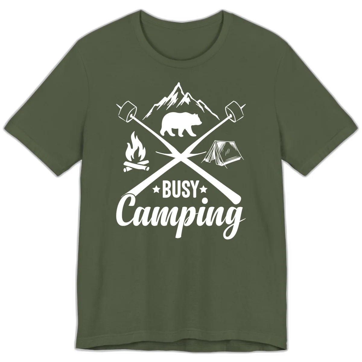 Busy camping badge design with bear, mountains, crossed axes, campfire, and tent on gray background in Military Green
