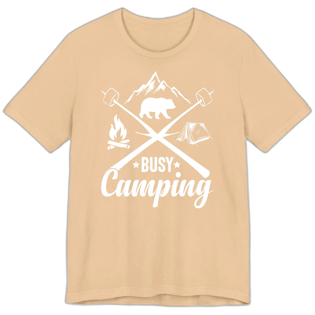 Busy camping badge design with bear, mountains, crossed axes, campfire, and tent on gray background in Sand Dune