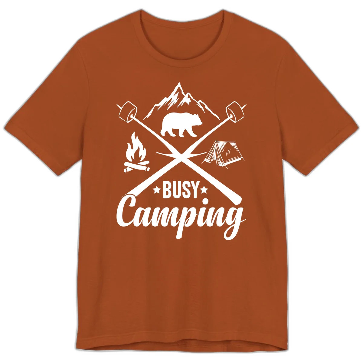Busy camping badge design with bear, mountains, crossed axes, campfire, and tent on gray background in Autumn