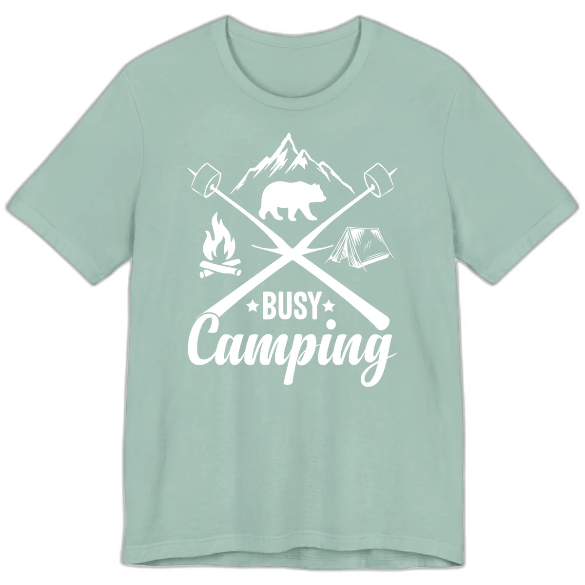 Busy camping badge design with bear, mountains, crossed axes, campfire, and tent on gray background in Dusty Blue